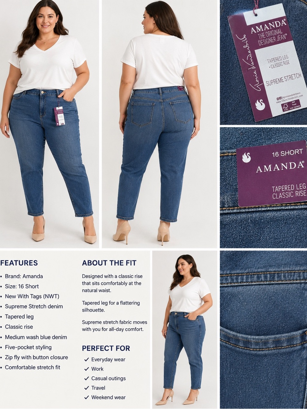 Amanda Jeans 16 Short NWT Supreme Stretch Tapered Leg Classic Rise Denim